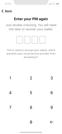 Screen showing a number pad for verifying the PIN